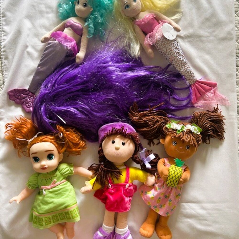 Girls Lot 2 Aurora Mermaids 2 Rag Dolls 1 Disney Baby Anna Doll Hair Piece read